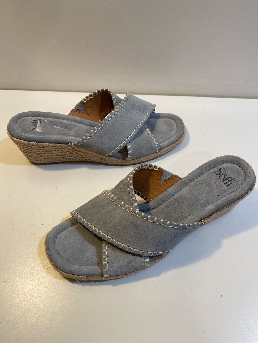 SOFT Gray Suede Leather Wedge Slide Sandals Sz 11M - Picture 3 of 13